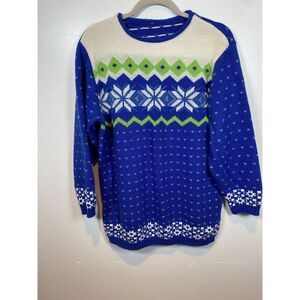 VTG Royal Blue Emerald Green Snowflakes Acrylic‎ Sweater Men's XL